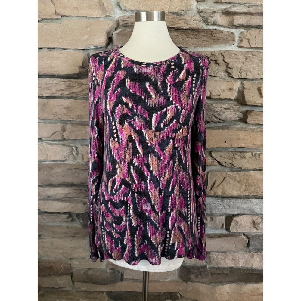NIC+ZOE NZT Womens Magenta Navy Abstract Ikat Long Sleeve Knit Top Large